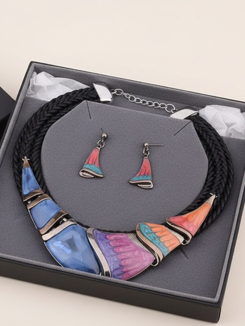 Womens Boho‎ Black Multi-Strand Necklace and Earring Set